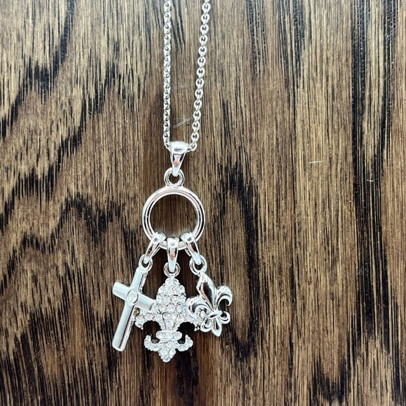 Silver Charm Necklace with Cross and Fleur-de-lis with Rhinestones Necklace - Picture 11 of 14